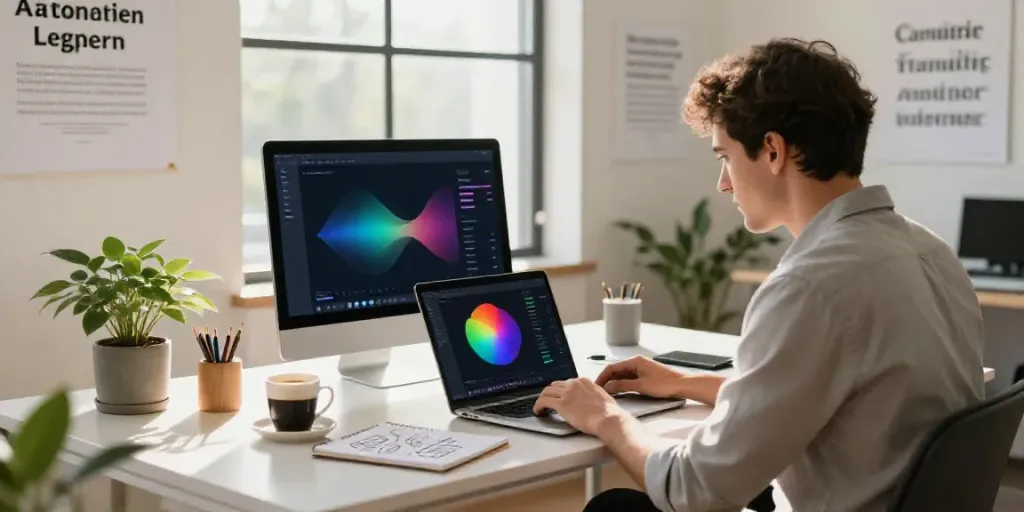 Entrepreneur utilizing an AI content writer for entrepreneurs in a modern office setting, emphasizing productivity and creativity.