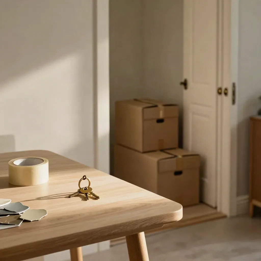 Entry table with key ring, tape, paint chips, and moving boxes by a sunlit apartment door.