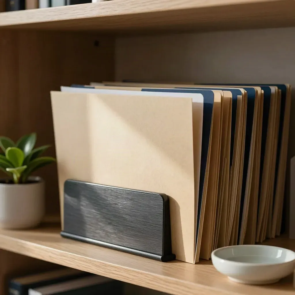 FAQ folders, memo tray, plant and ceramic dish on a quiet help-center shelf.