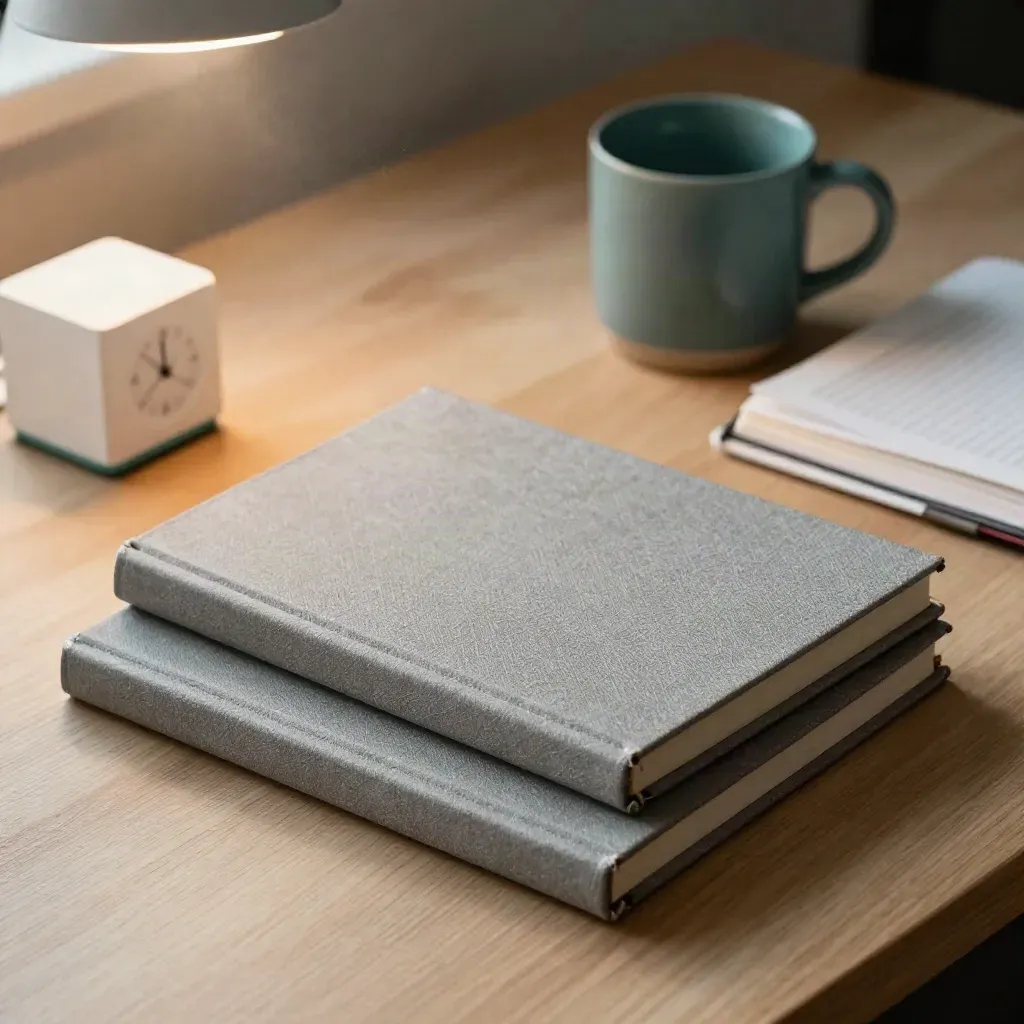 Study desk with notebooks, timer cube, teal mug and sticky tabs in soft daylight.