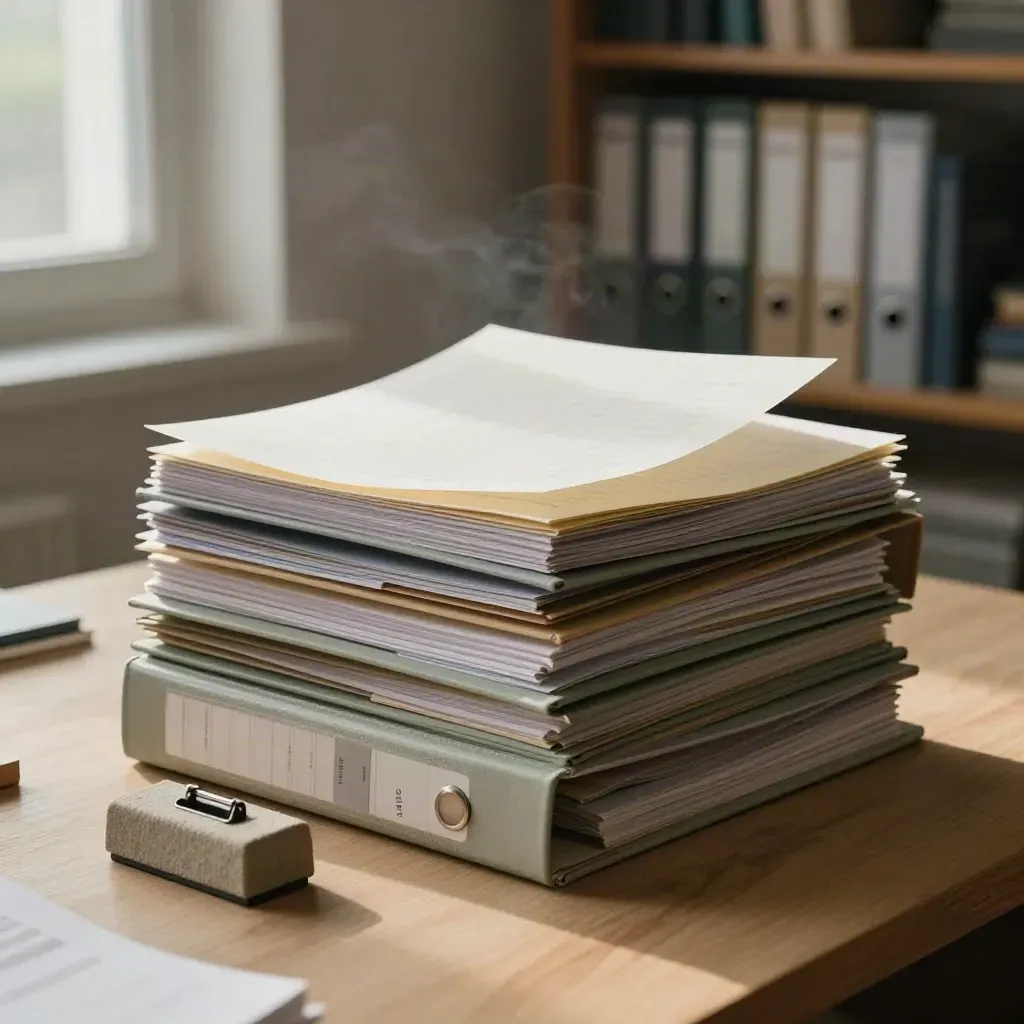 Rainlit editorial binders and guide sheets on a pale wood table by a misted window.