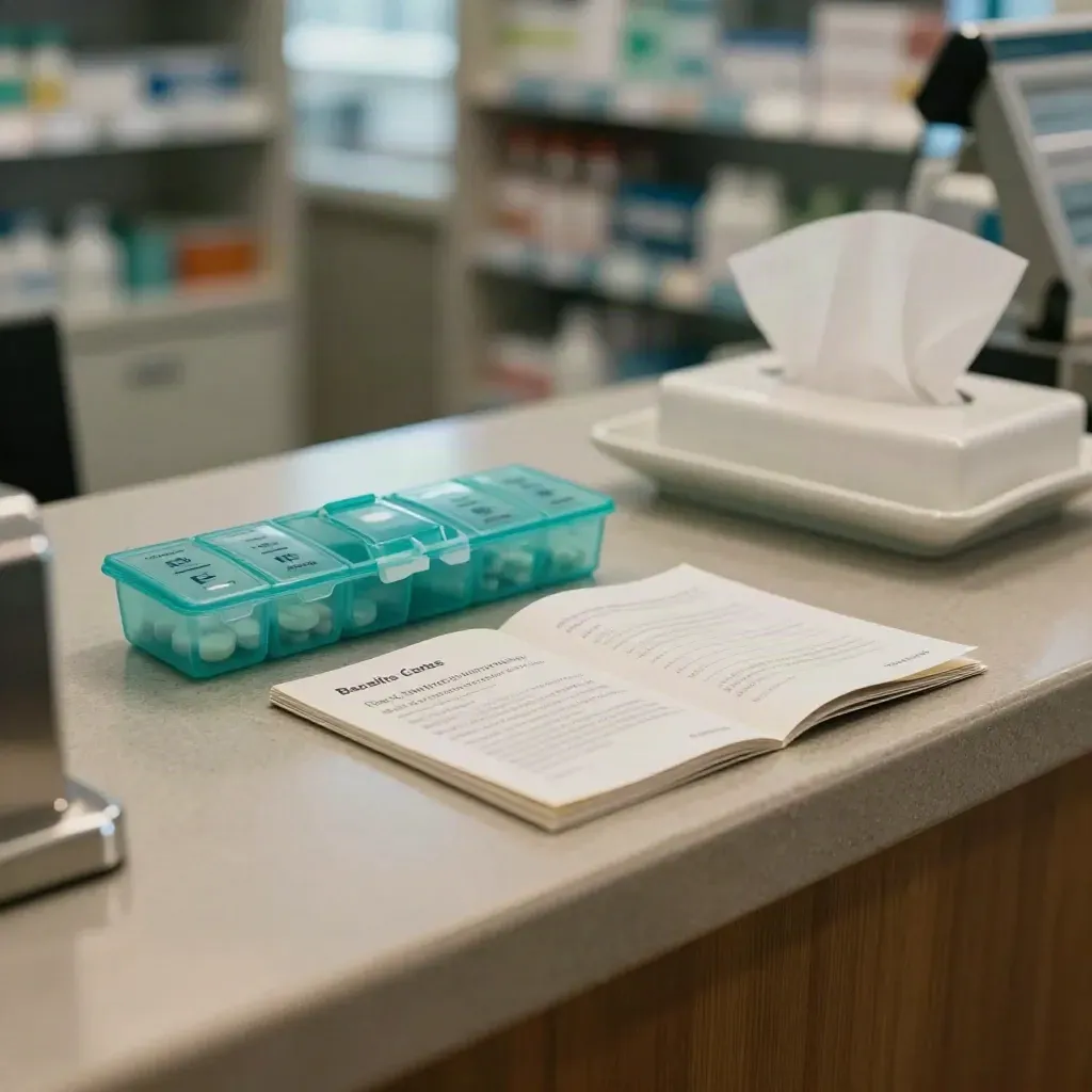 Pharmacy counter with pill organizer, face-down booklet, tissue box, and ceramic tray.