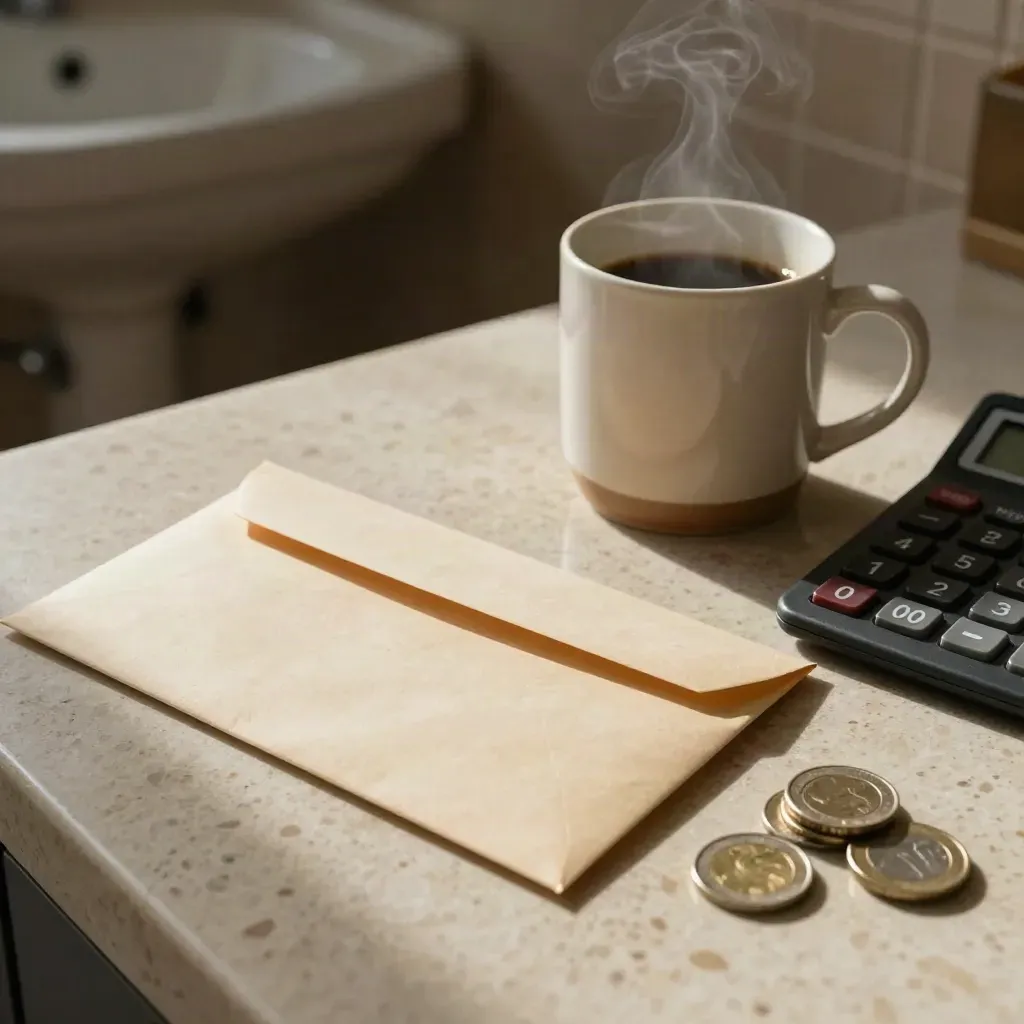 Steaming mug, pay envelope, calculator, and coins on a travertine break-room counter.