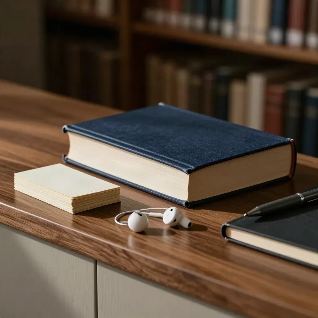 Closed textbook in a library carrel with index cards, earbuds, and a pen in soft daylight.
