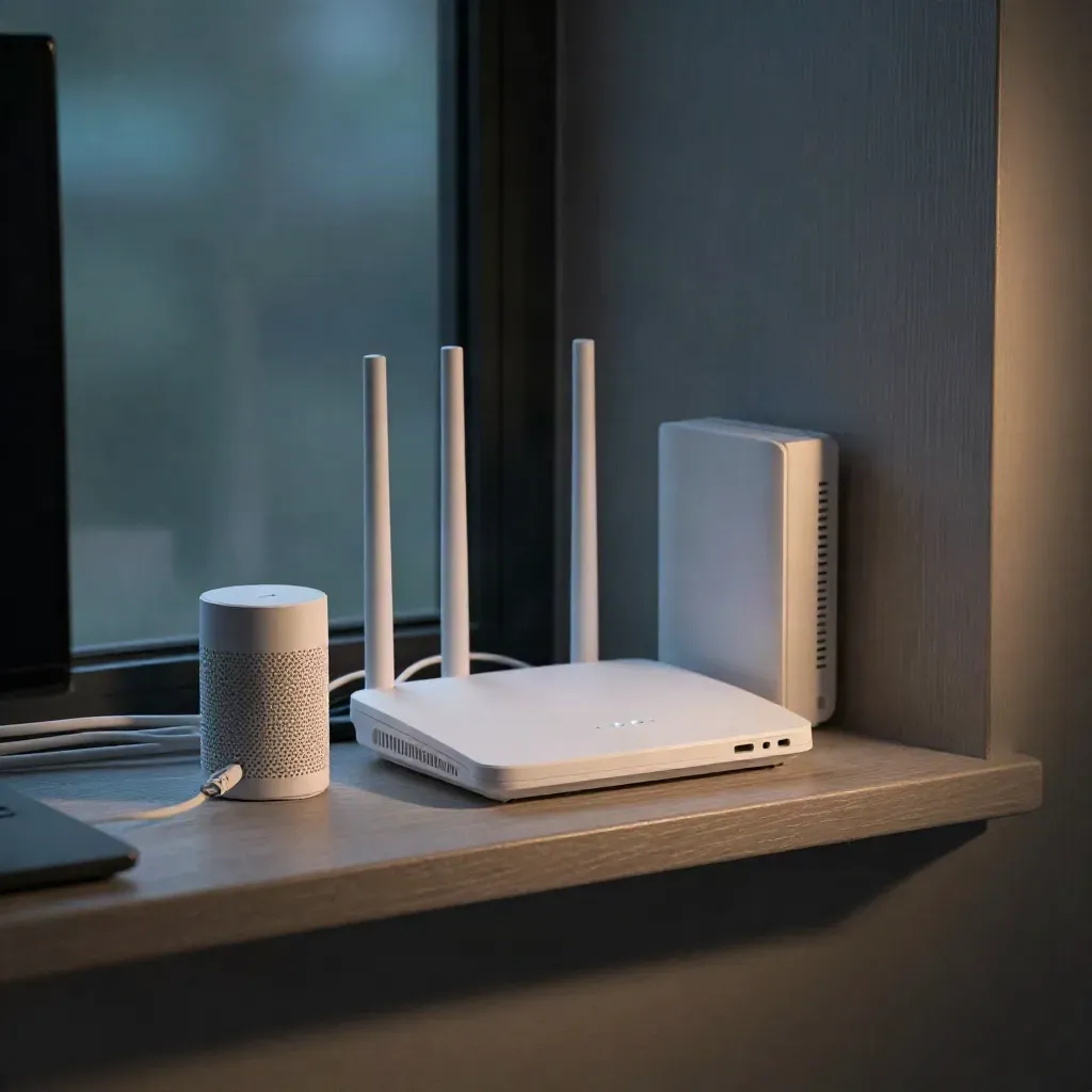 Low shelf with router, mesh node, ethernet cable and glowing modem lights in a moody home corner.