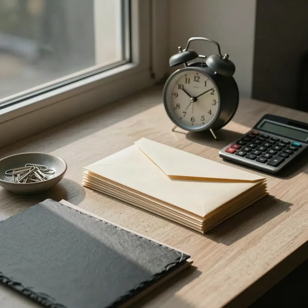 Tax-season desk by a window with alarm clock, envelopes, calculator and paper clips in dawn light.