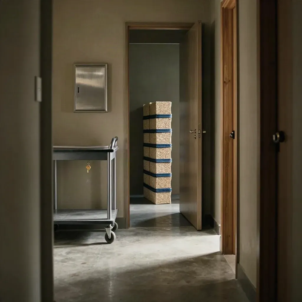 Moody apartment hallway with a moving cart, key ring, utility box, and stacked packing cubes at the door.