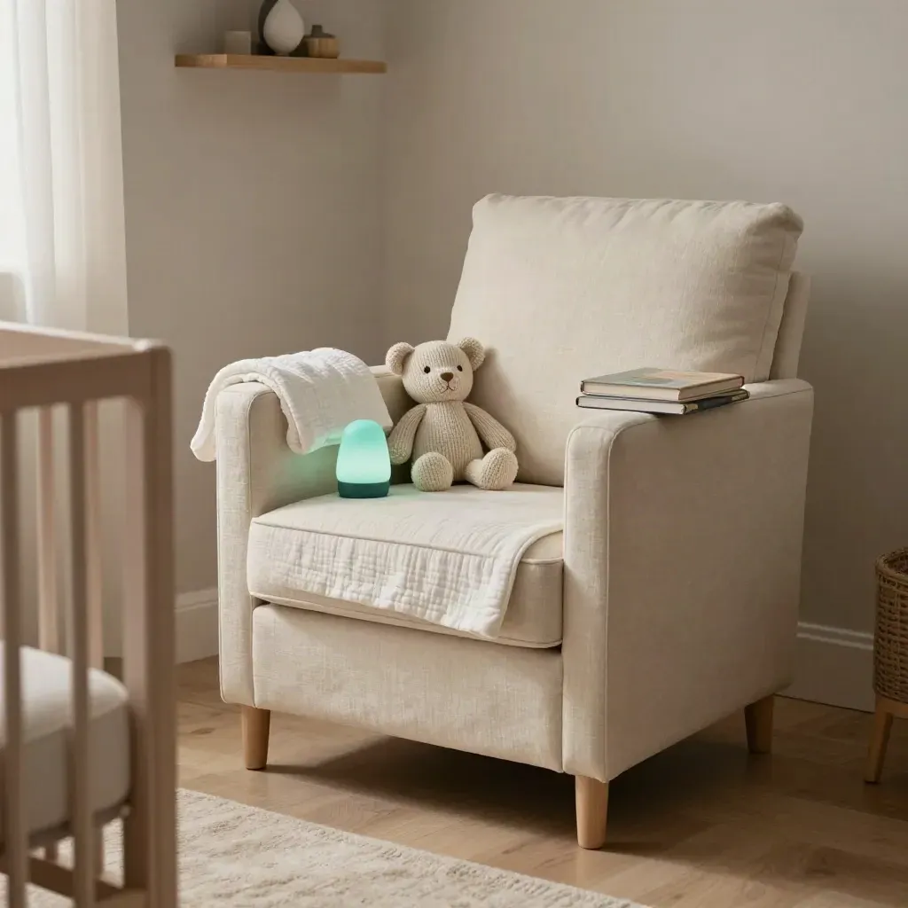 Quiet nursery chair with blanket, toy, night-light and board books beside a crib.