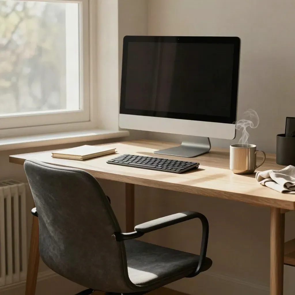 Pulled-in chair by an off monitor, keyboard, notebook, and mug in soft morning window haze.