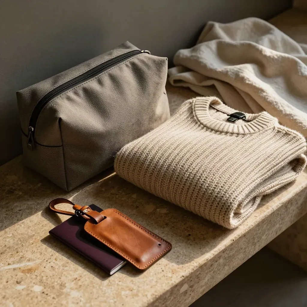 Travel pouch, sweater, toiletry bag, luggage tag, and passport holder laid out for packing.