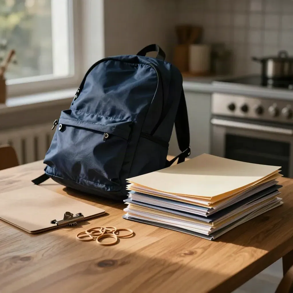 Navy backpack, clipboard, rubber bands and folders on a kitchen table in evening light.