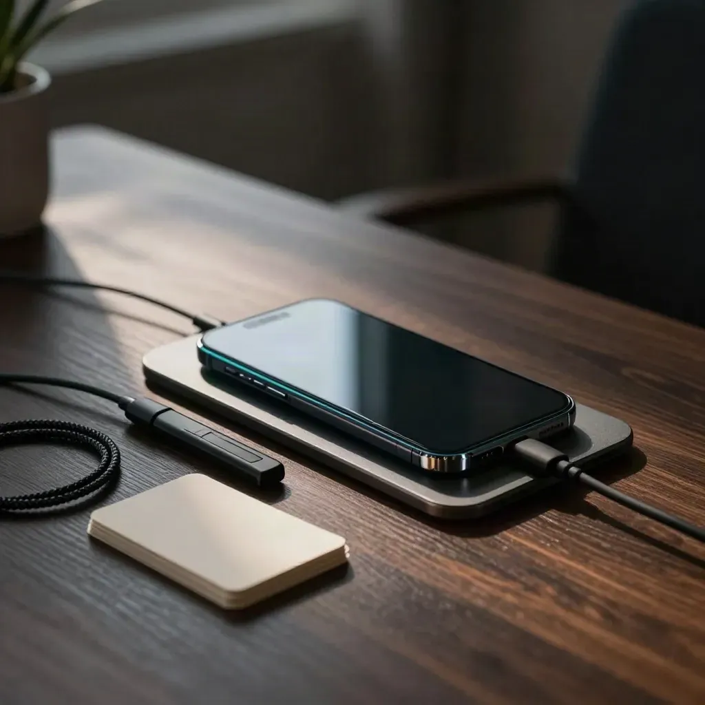 Smartphone on charging pad with SIM tool, cable, and blank cards on a dark desk.