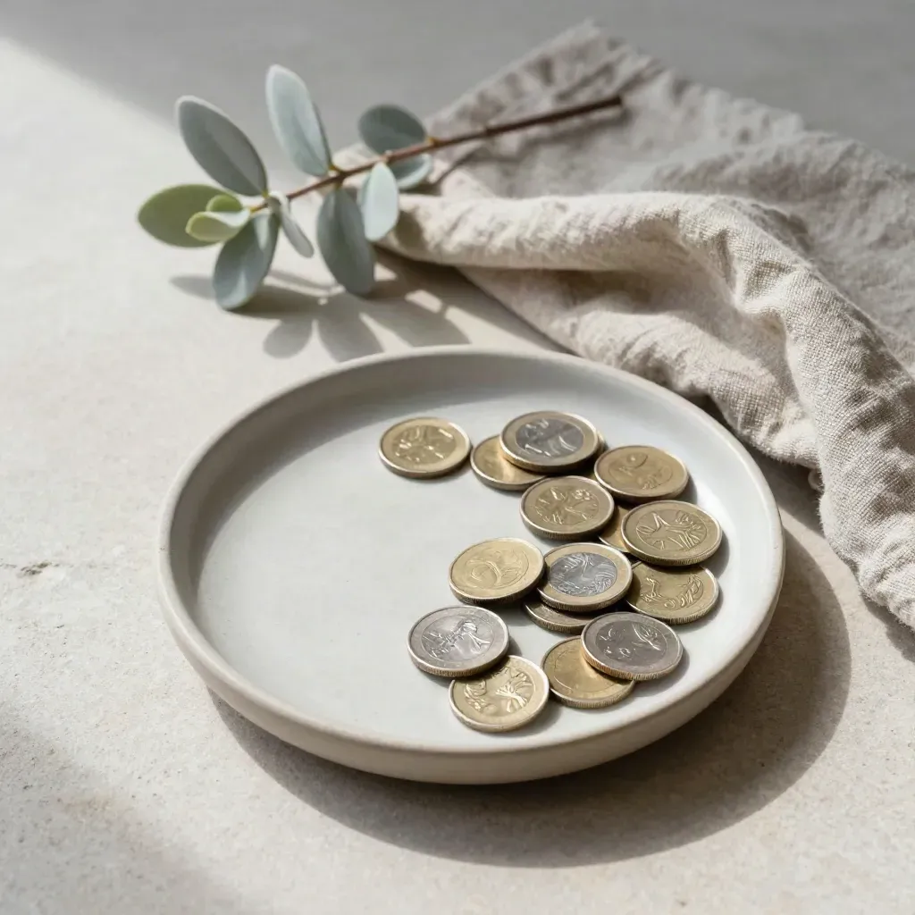 Ceramic coin dish with mixed coins, linen cloth, and small potted plant on pale stone.