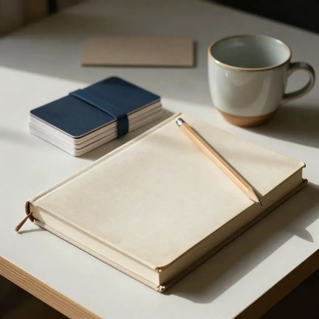 Closed workbook, tied flashcards, pencil, and ceramic cup on an off-white desk in soft daylight.