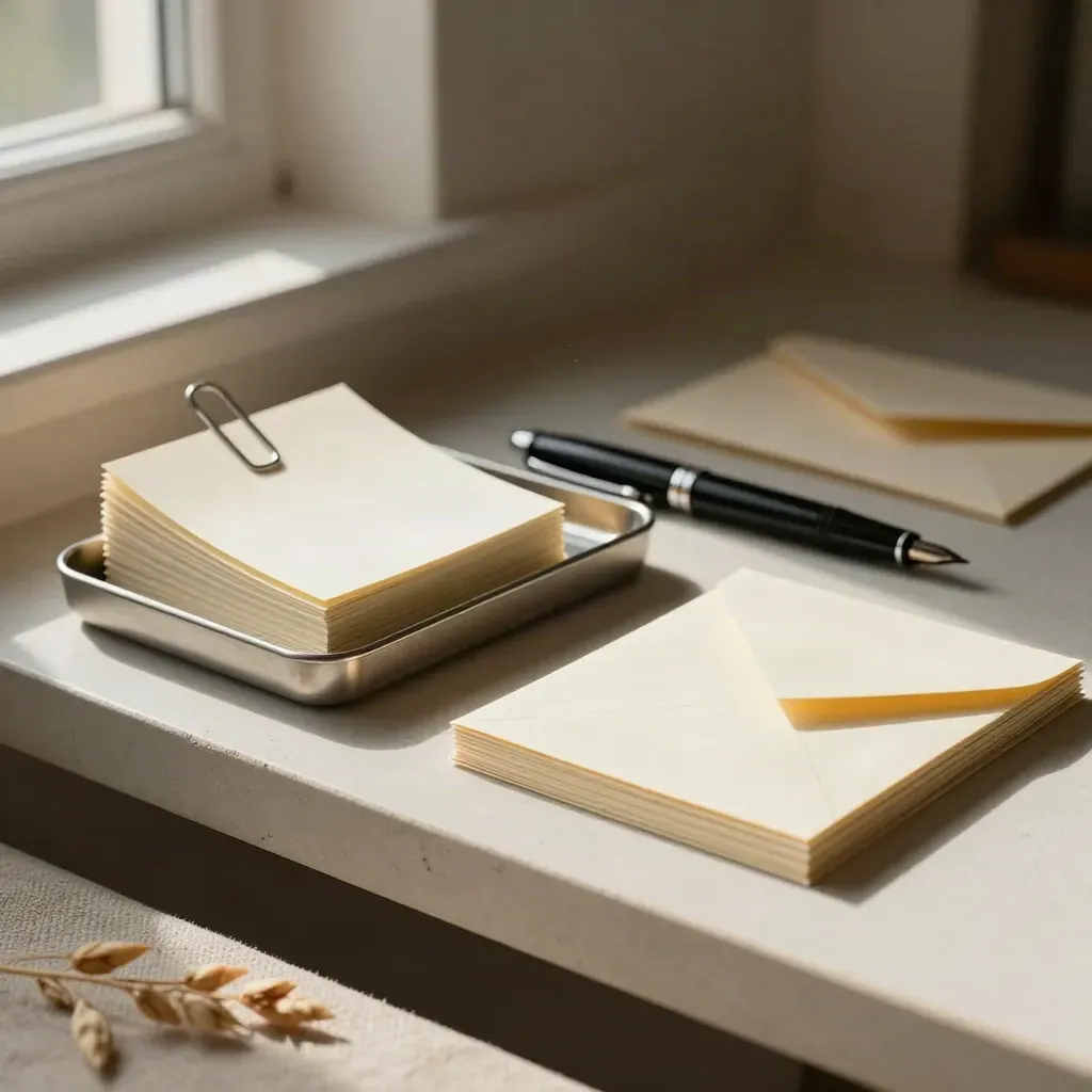 Fountain pen, memo cards, paperclip tray, and envelope on a matte shelf in soft window light.