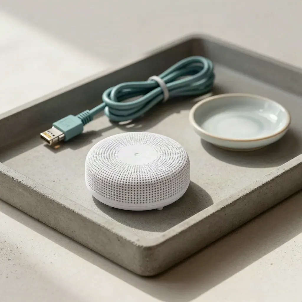 Top-down still life of a Wi‑Fi puck, coiled ethernet cable, and ceramic dish on stone tray.