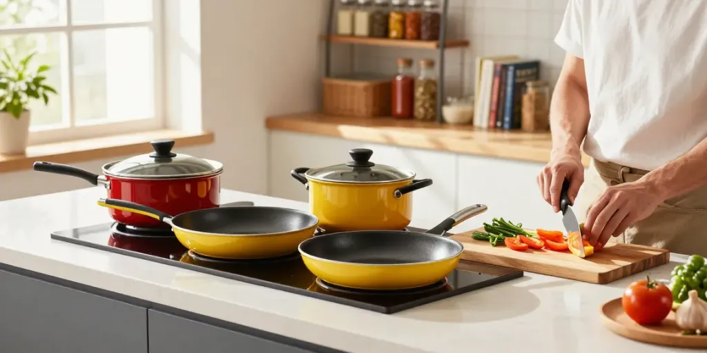 Non-Stick Cookware price in bangladesh showcased with vibrant cooking scene in a bright kitchen.