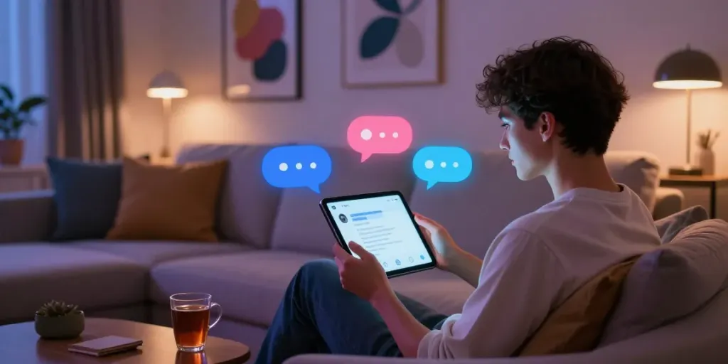 Engaging in an AI sex chat in a cozy living room setting.