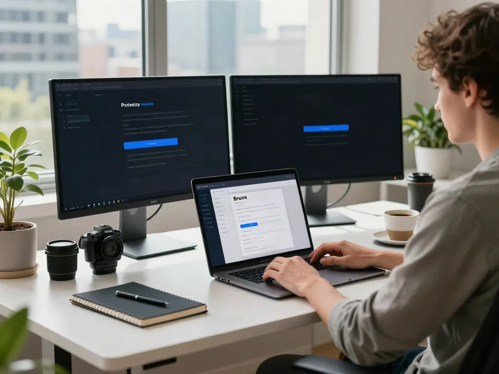 Brave browser user engaged with tech in a modern workspace.