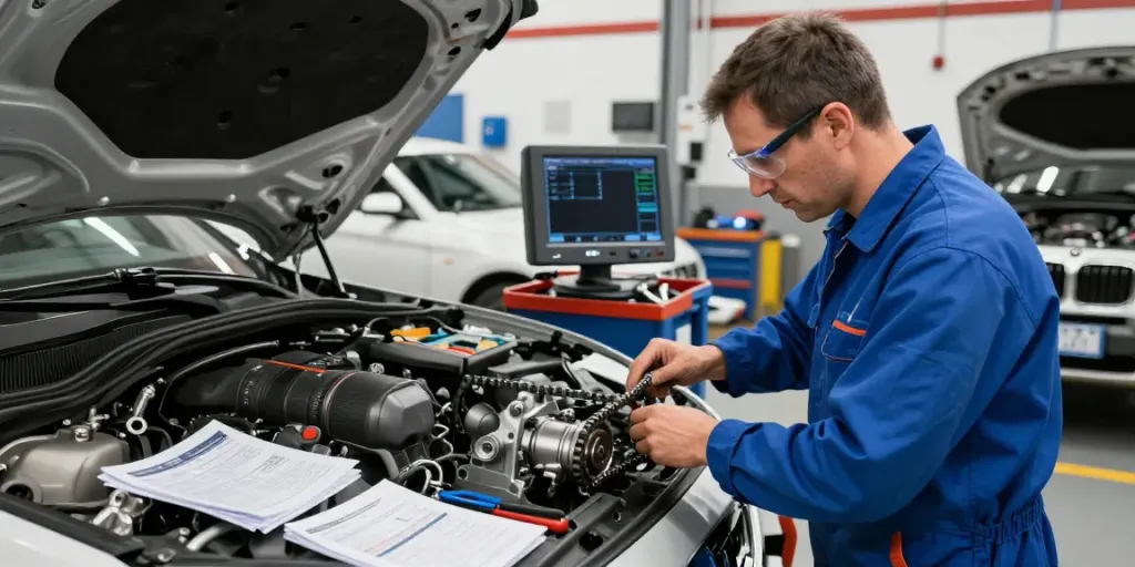Professioneller BMW Werkstattmechaniker bei der Arbeit an einem Motor, BMW Werkstatt Hannover, präzise Diagnosetools um ihn herum.